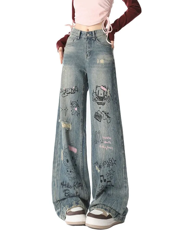 Graffiti Printed Wide Leg Jeans Women's Summer American High Street Washed High Waist Workwear Loose Straight Casual Pants