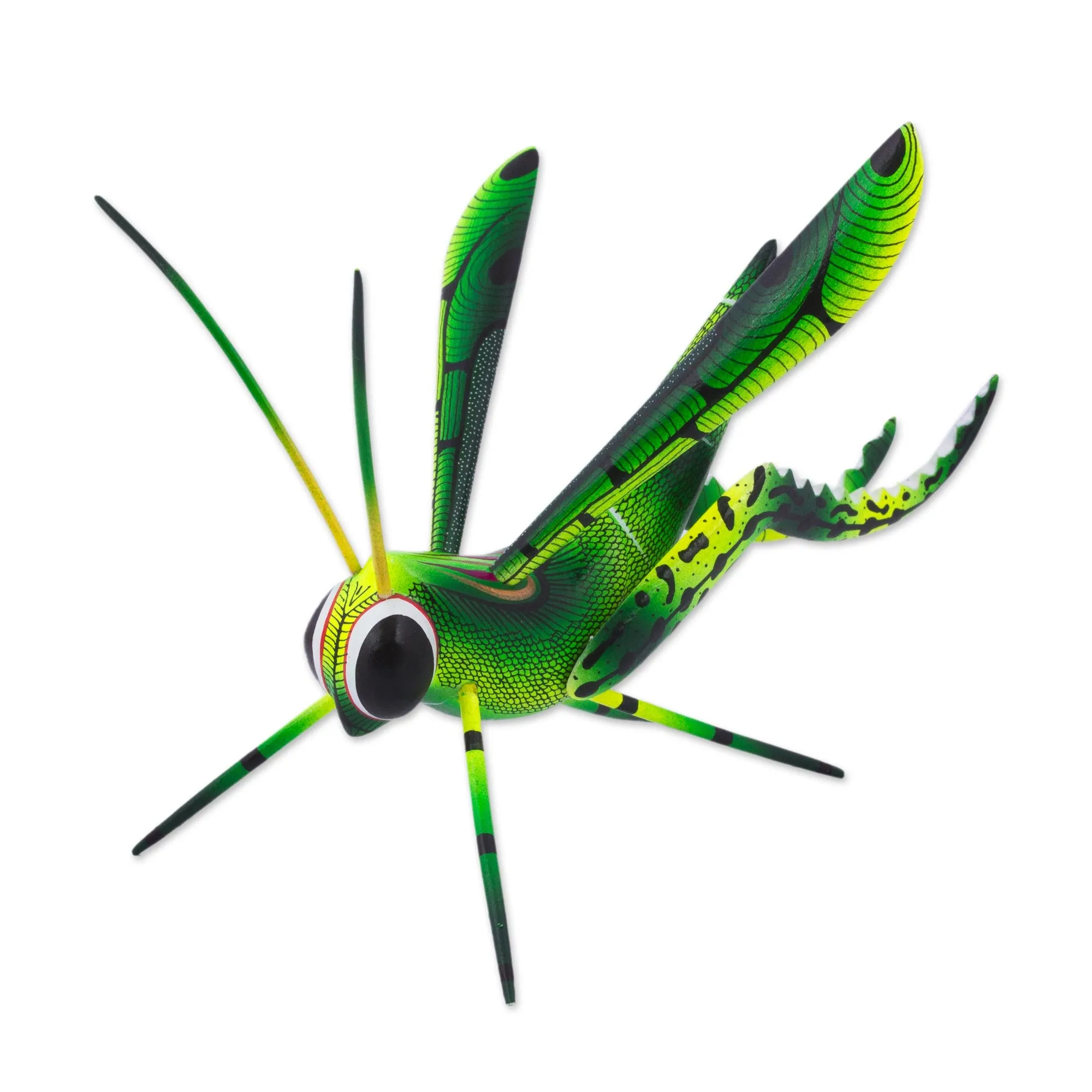 Green Good Luck Cricket Wood Alebrije Cricket Sculpture in Green from Mexico