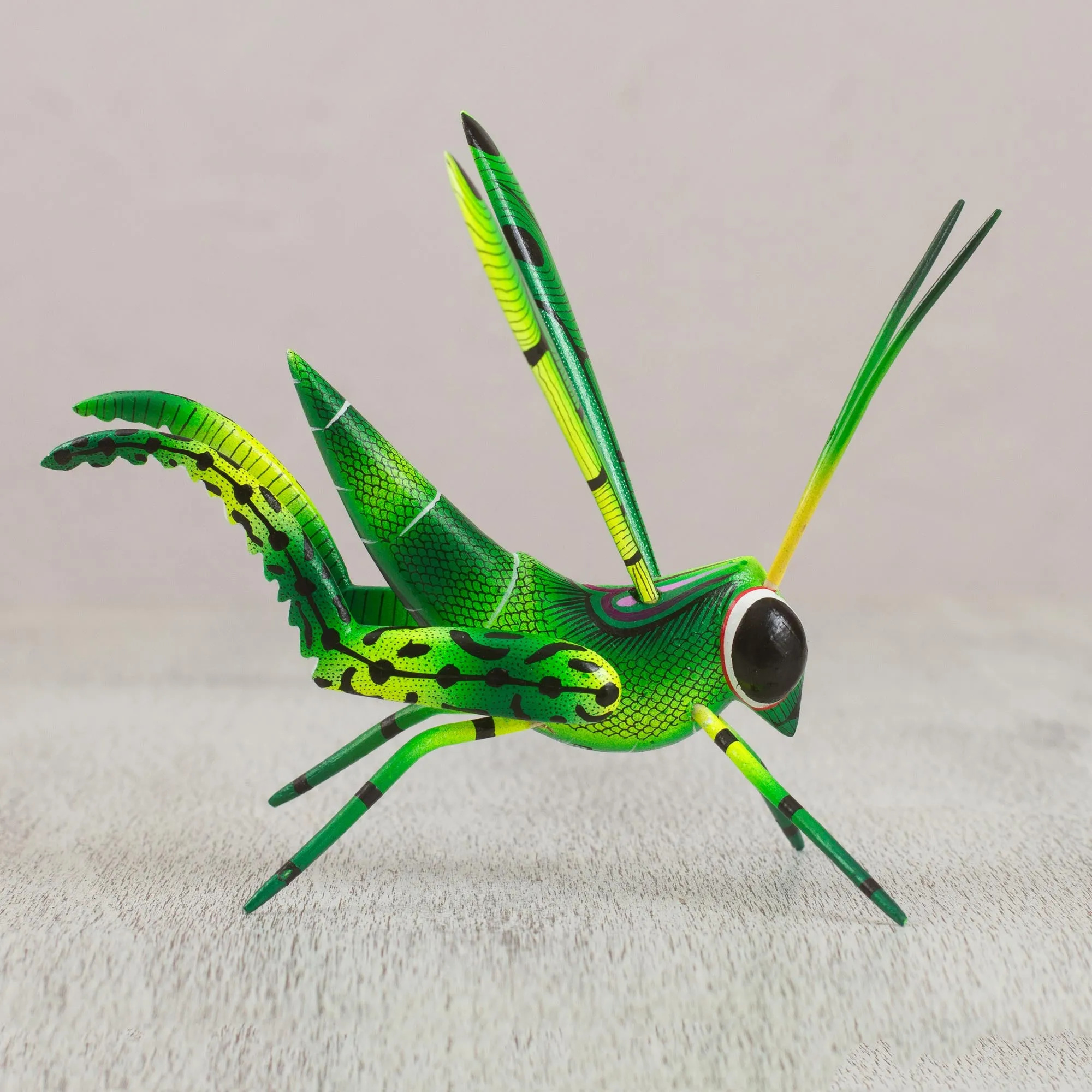 Green Good Luck Cricket Wood Alebrije Cricket Sculpture in Green from Mexico