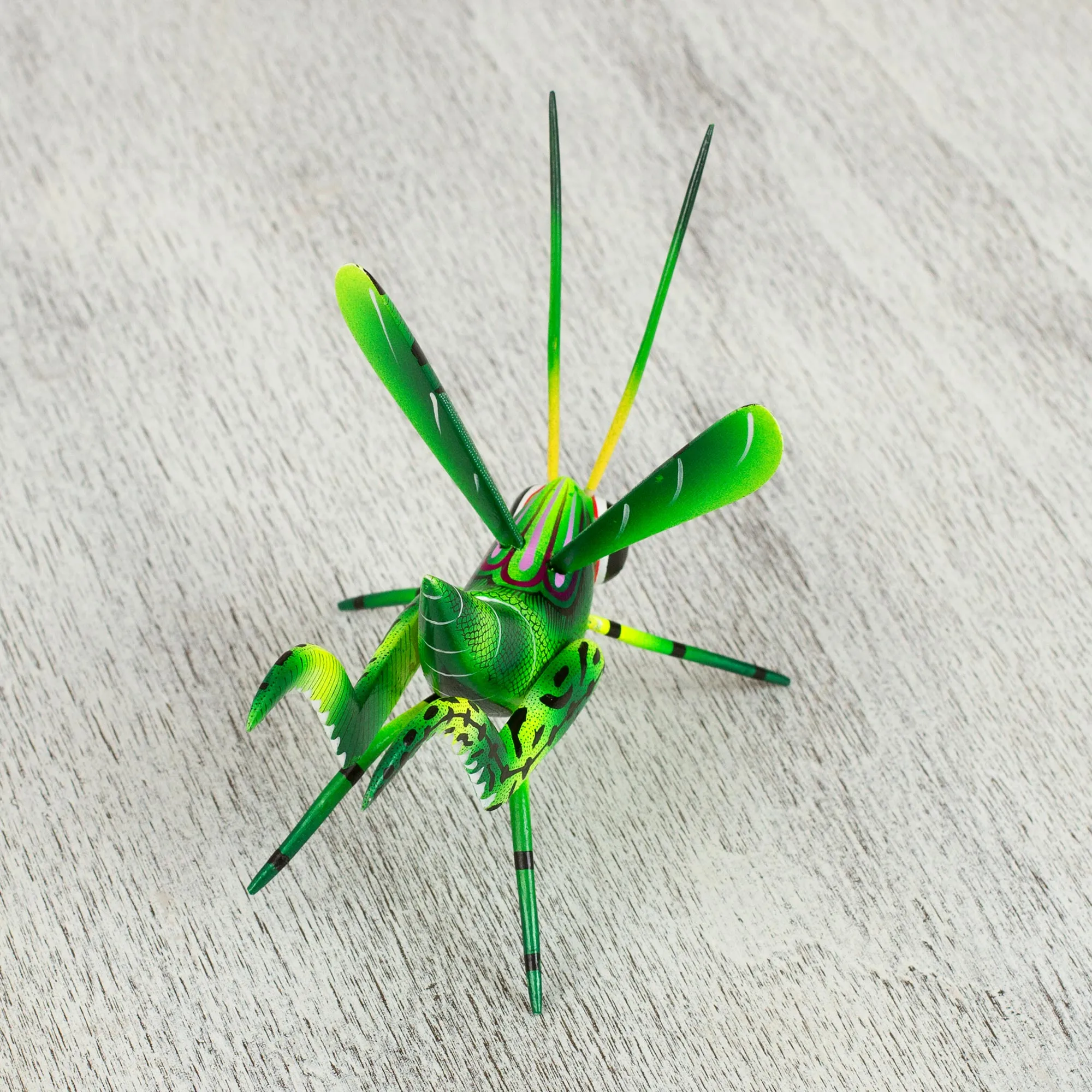 Green Good Luck Cricket Wood Alebrije Cricket Sculpture in Green from Mexico