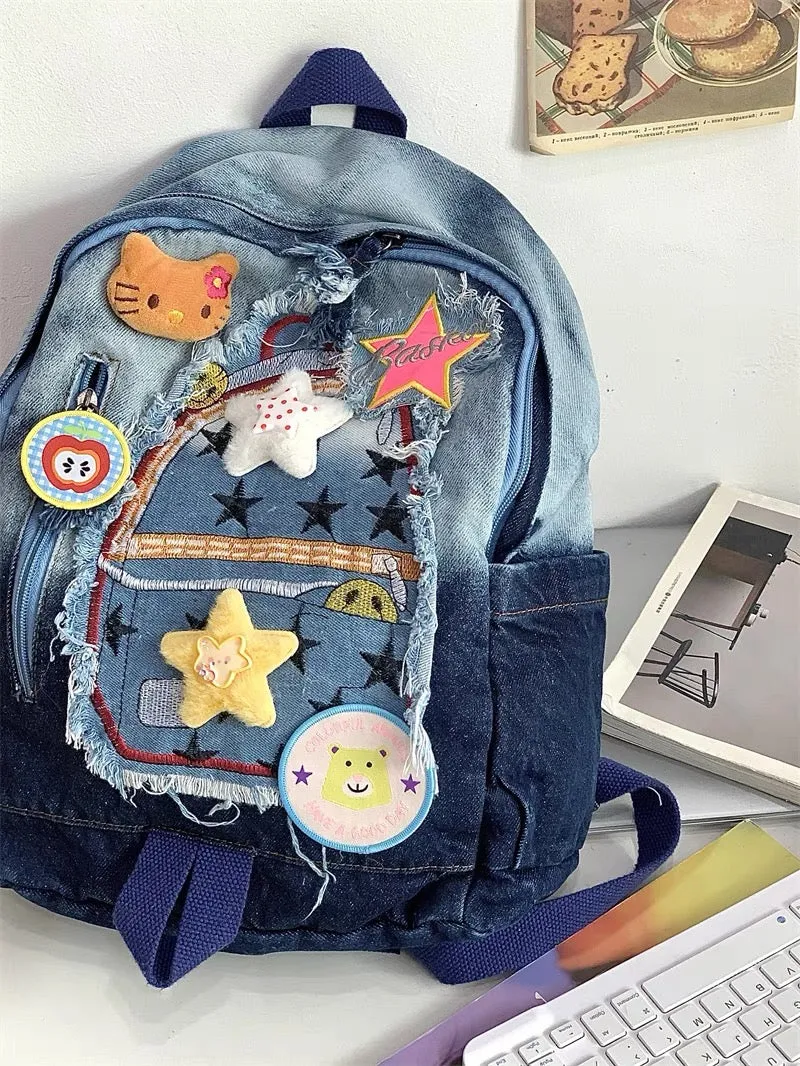 Homemade super star patch denim canvas gradient cartoon sweet and cute versatile school bag college student backpack