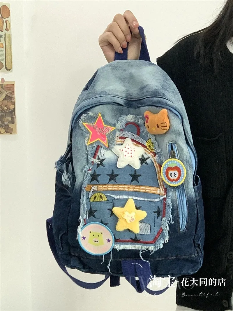 Homemade super star patch denim canvas gradient cartoon sweet and cute versatile school bag college student backpack