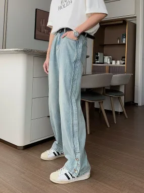 Hualun spring pure cotton light blue jeans buttoned pants trendy brand handsome street pants men handsome straight pants