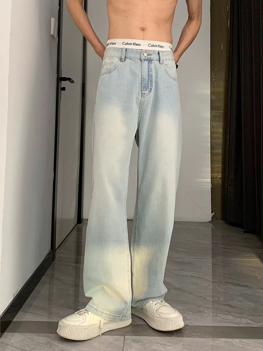 Hualun summer ice silk cool jeans for boys thin pants summer loose light blue straight wide leg pants