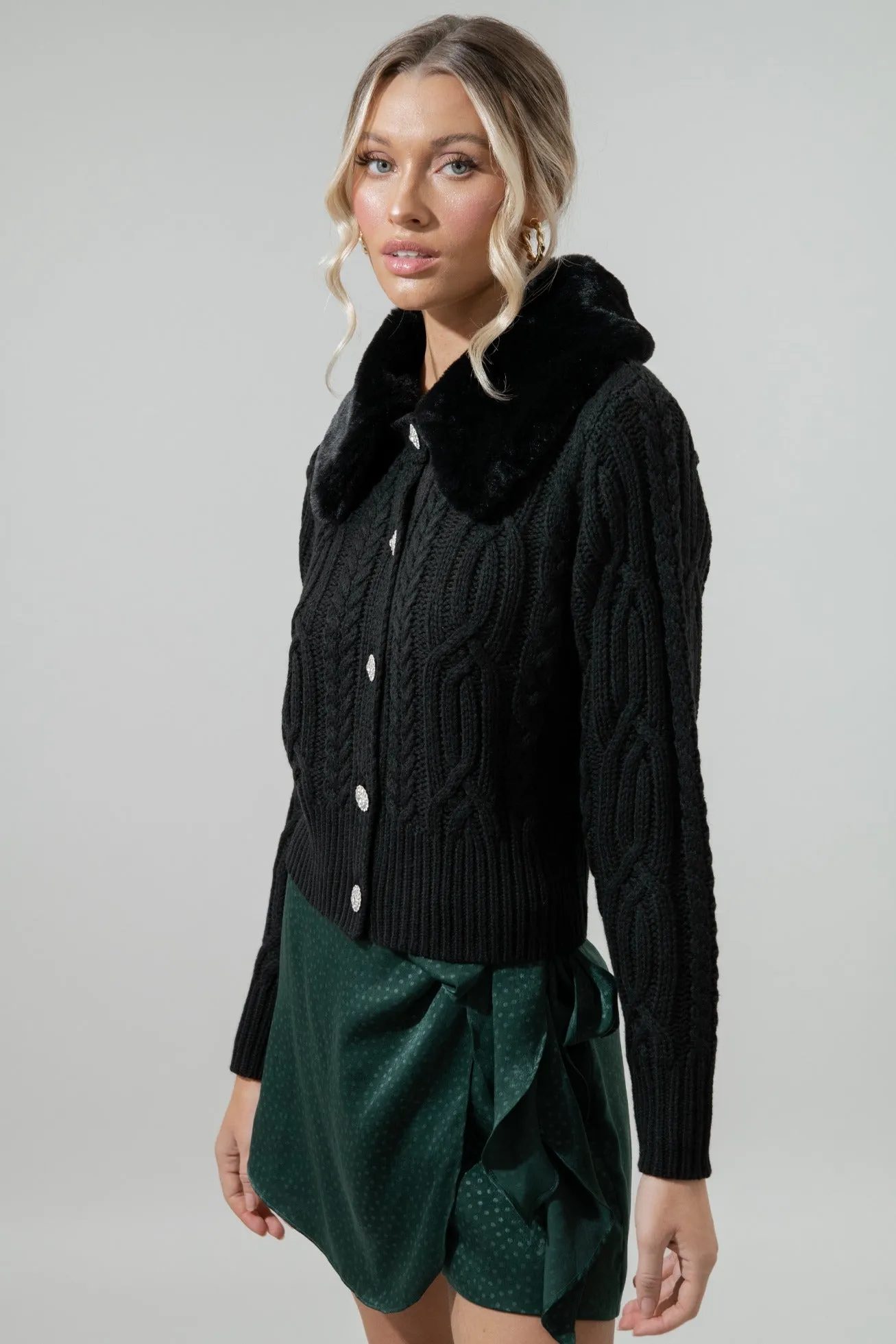 In a Flurry Cable Knit Detachable Fur Collar Cardigan