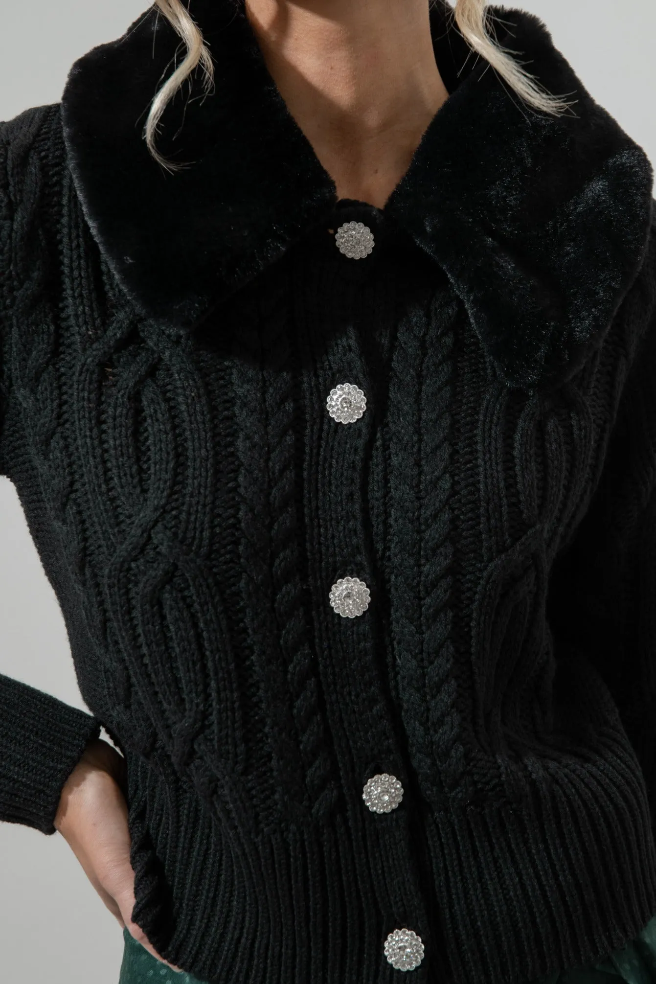 In a Flurry Cable Knit Detachable Fur Collar Cardigan