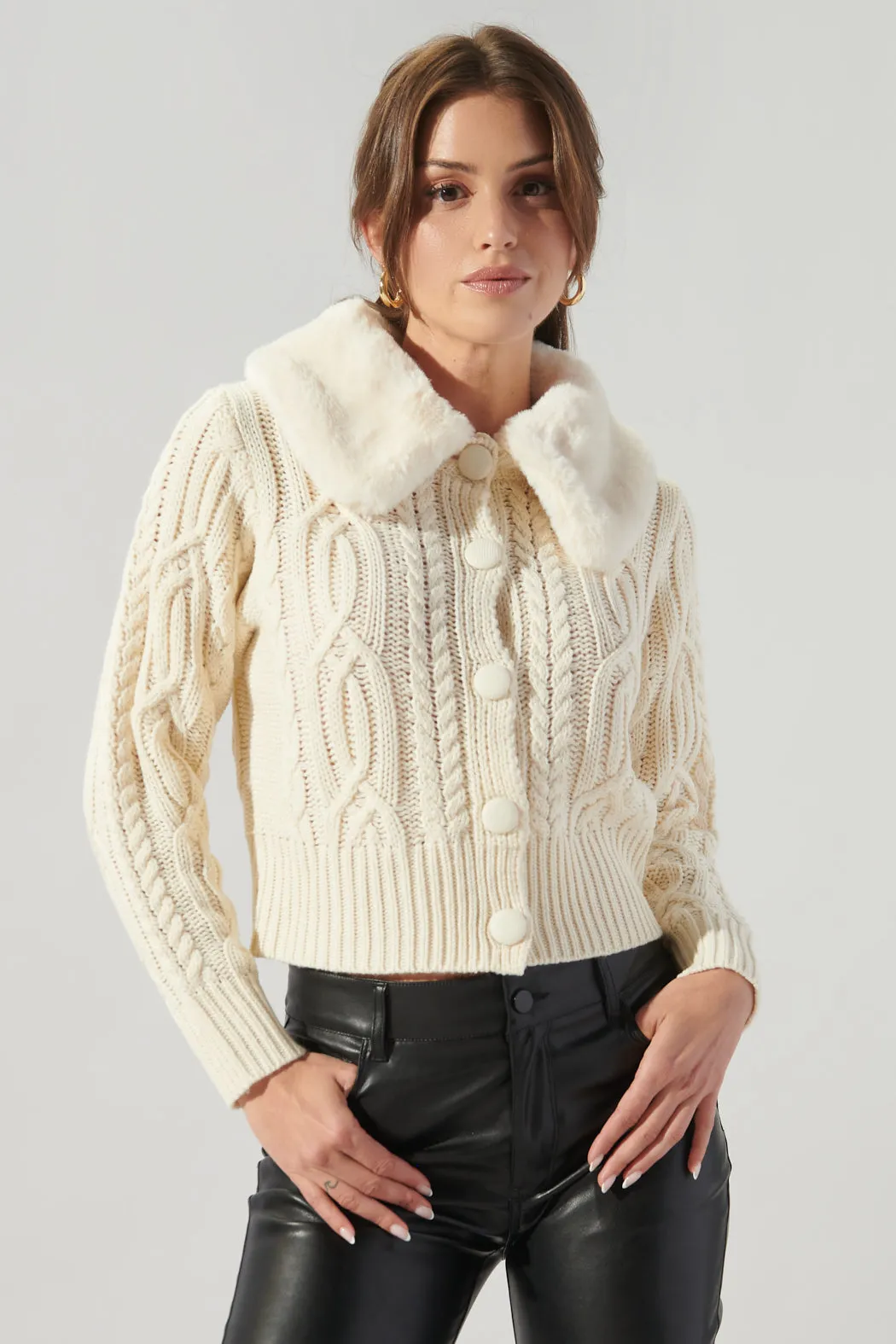 In a Flurry Cable Knit Fur Collar Cardigan