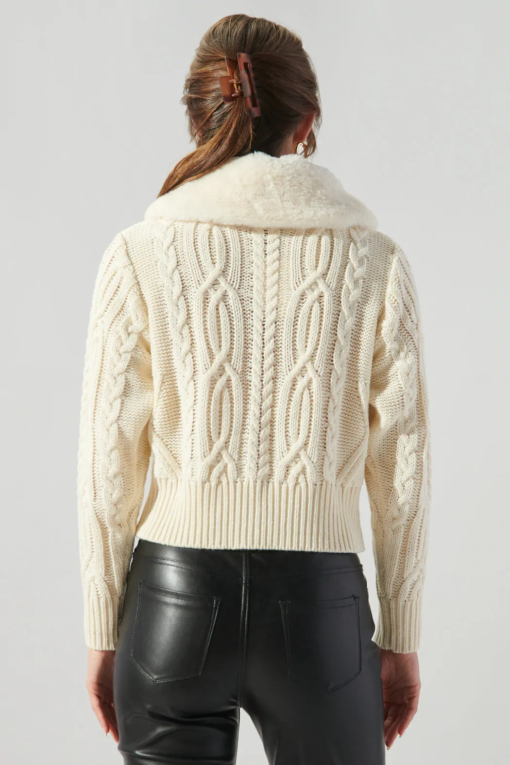 In a Flurry Cable Knit Fur Collar Cardigan