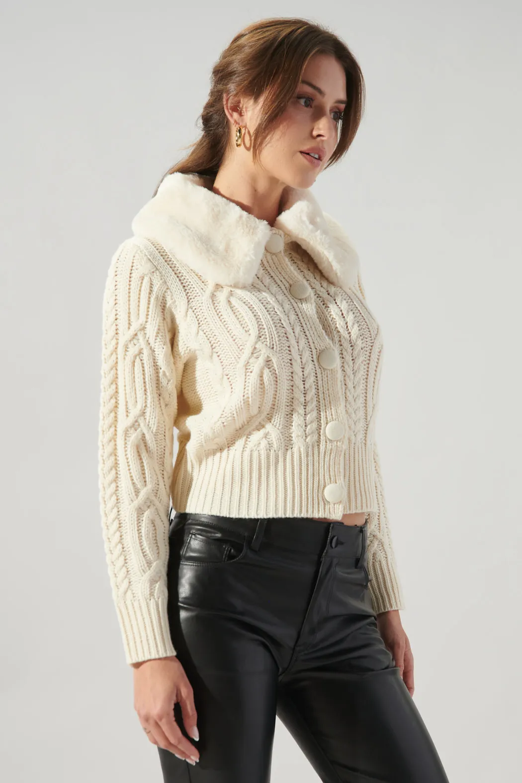 In a Flurry Cable Knit Fur Collar Cardigan