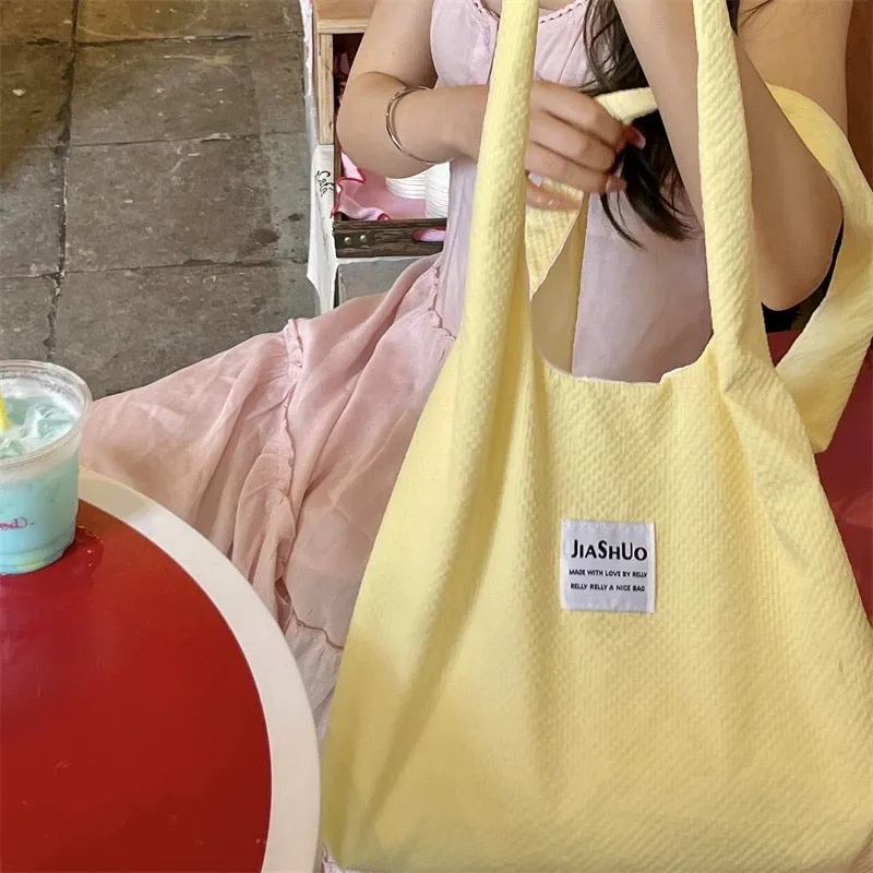 Japanese ins cream yellow summer cute and sweet college student shopping bag large capacity solid color single shoulder canvas b