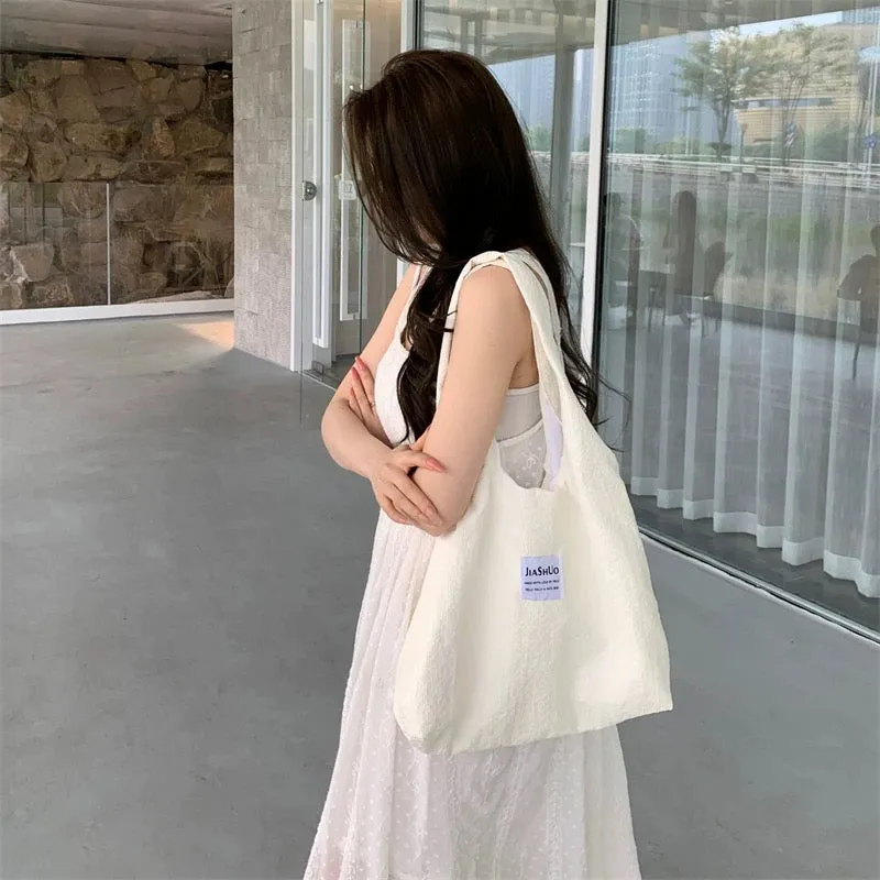 Japanese ins cream yellow summer cute and sweet college student shopping bag large capacity solid color single shoulder canvas b