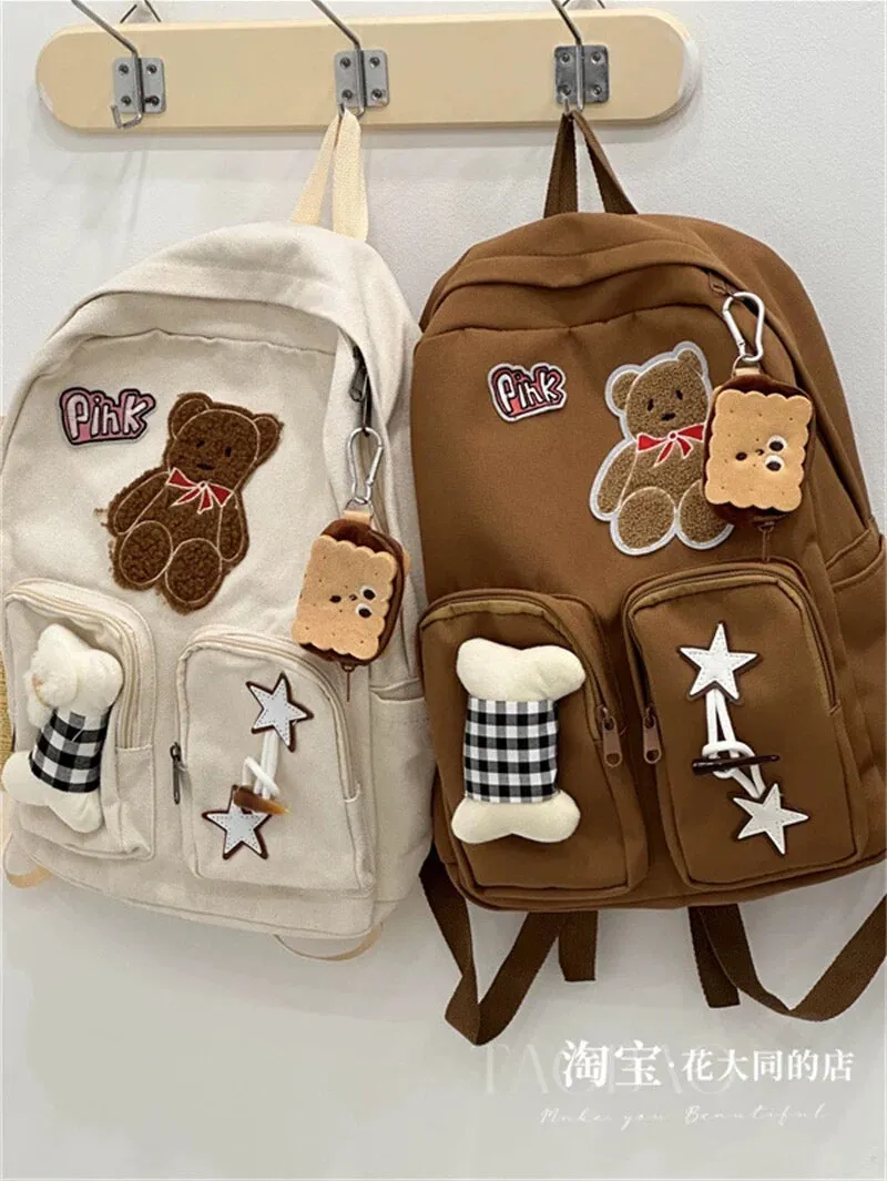 Japanese retro ins cute star bone bear schoolbag high school junior high school student large capacity canvas backpack for women