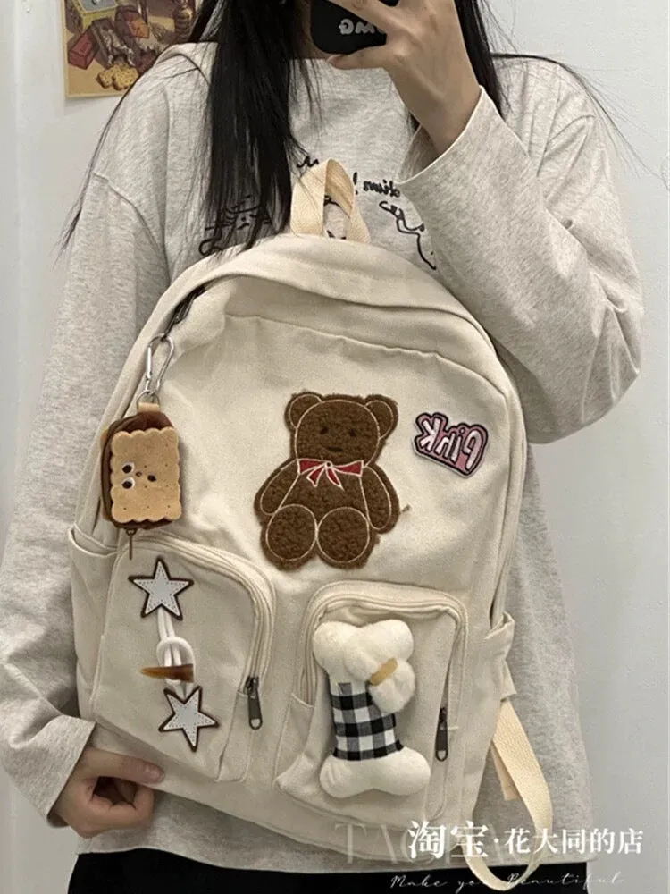 Japanese retro ins cute star bone bear schoolbag high school junior high school student large capacity canvas backpack for women