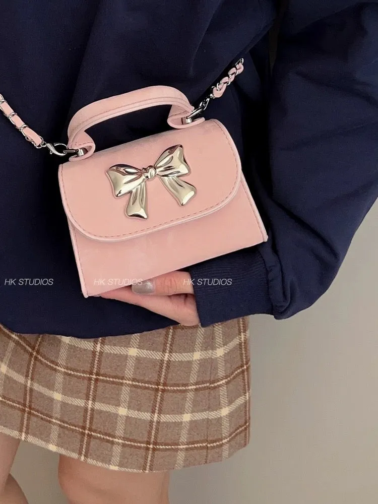 Korean bow mini bag for women 2024 new trendy shoulder crossbody bag high-end versatile chain handbag