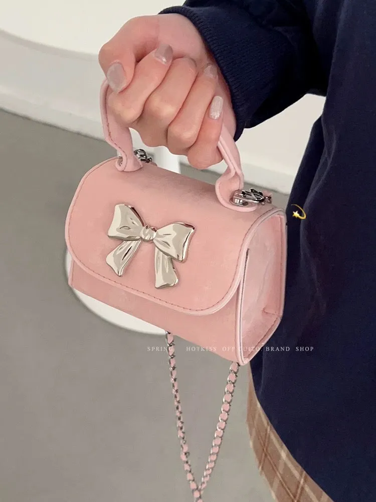 Korean bow mini bag for women 2024 new trendy shoulder crossbody bag high-end versatile chain handbag