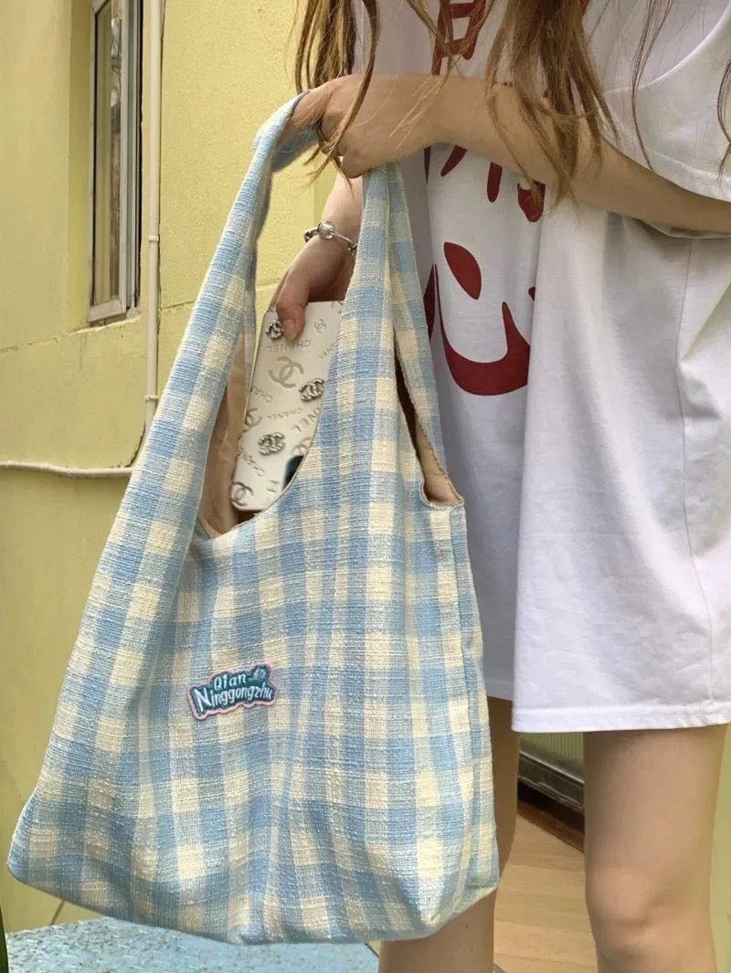 Korean style ins lazy style versatile plaid canvas bag literary girl tote bag female college student shoulder bag