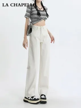 La Chabelmi white wide-leg jeans for women summer 2024 new high-waist drape straight pants for small people