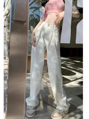 La Chapelle high-waisted white wide-leg jeans for women summer 2024 new style high-end drape straight-leg floor mopping pants