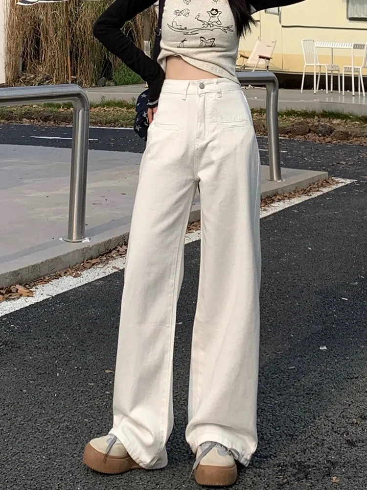 La Chapelle white wide-leg jeans for women summer 2024 new high-waisted loose straight drape floor-length pants