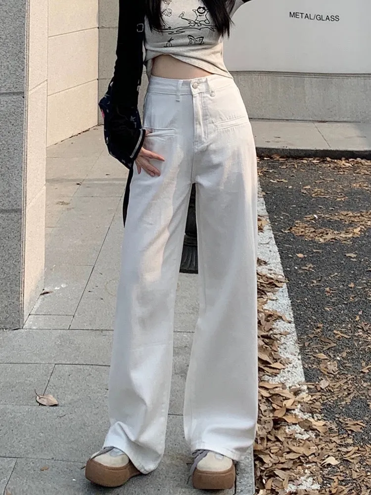 La Chapelle white wide-leg jeans for women summer 2024 new high-waisted loose straight drape floor-length pants