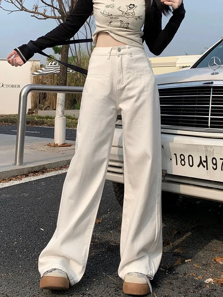 La Chapelle white wide-leg jeans for women summer 2024 new high-waisted loose straight drape floor-length pants