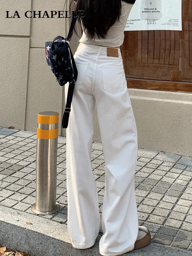 La Chapelle white wide-leg jeans for women summer 2024 new high-waisted loose straight drape floor-length pants