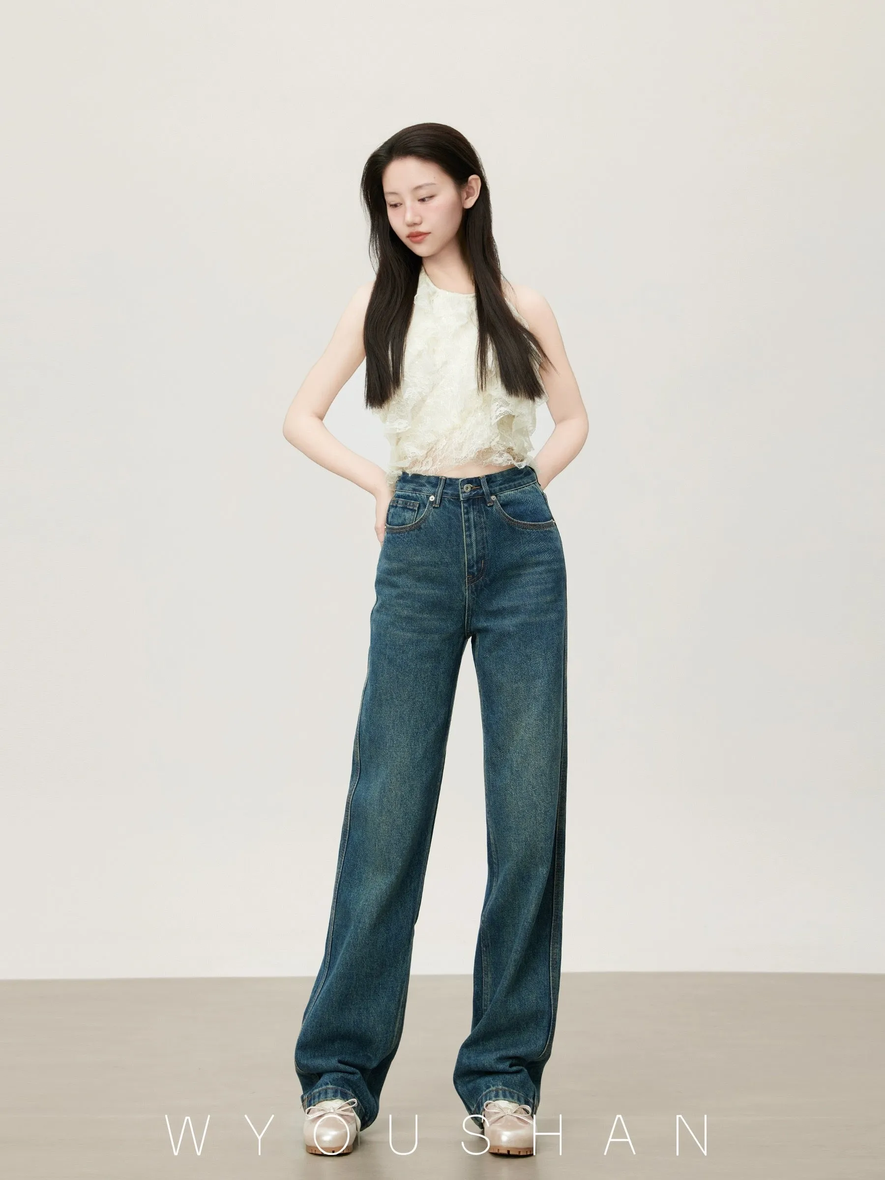 M8811 Wang Youshan high waist jeans women's loose new 2024 summer straight trousers slimming wide leg pants