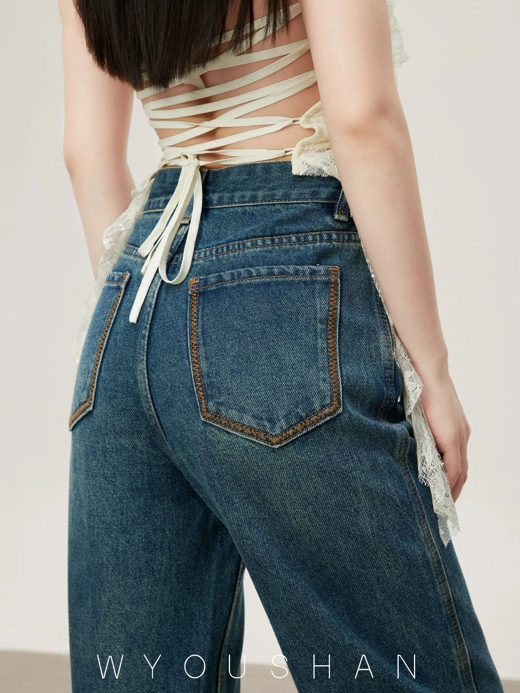 M8811 Wang Youshan high waist jeans women's loose new 2024 summer straight trousers slimming wide leg pants