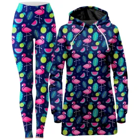 Neon Flamingos Hoodie Dress and Leggings Combo