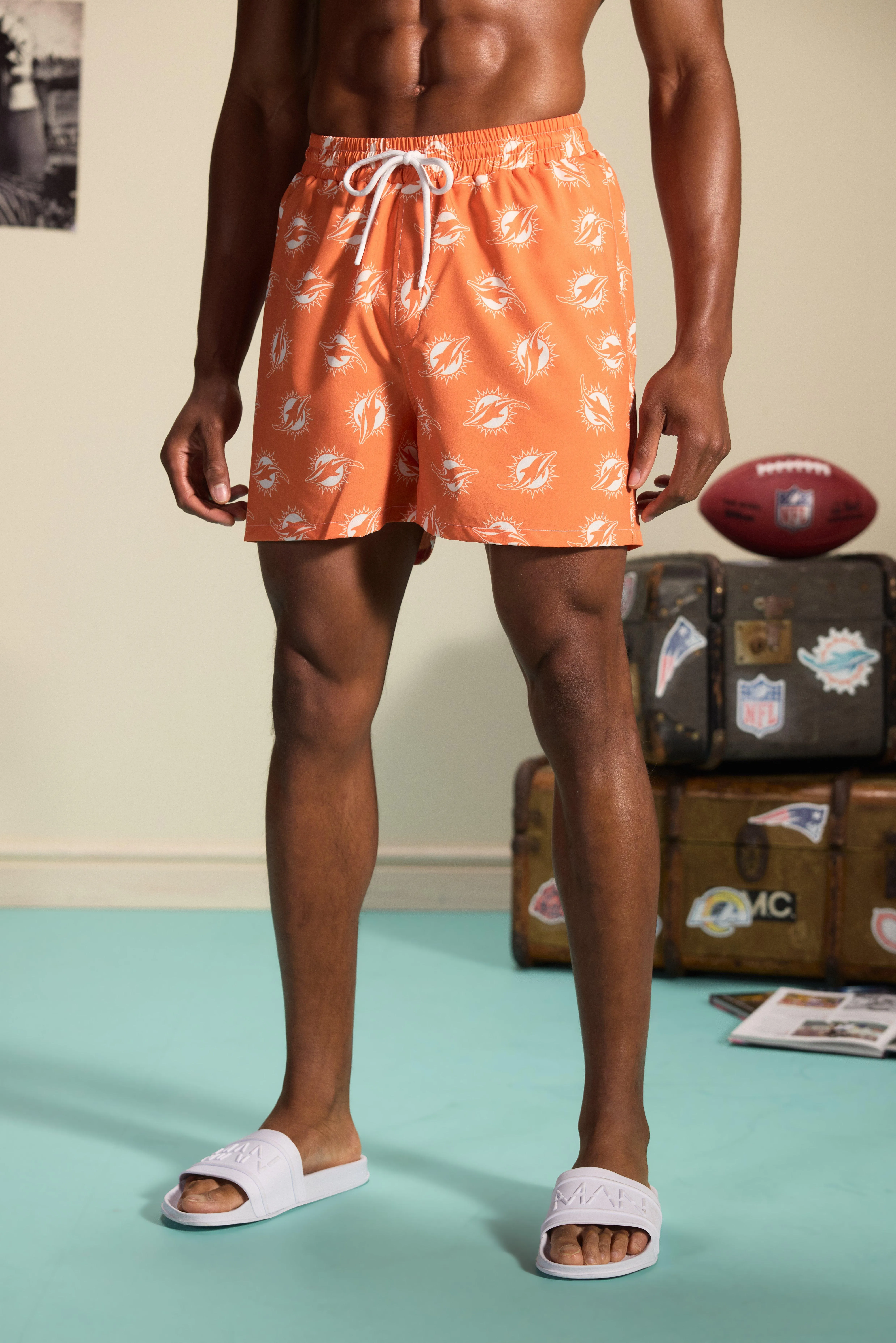 Nfl Dolphins Printed Short Length Swim Short | boohooMAN UK