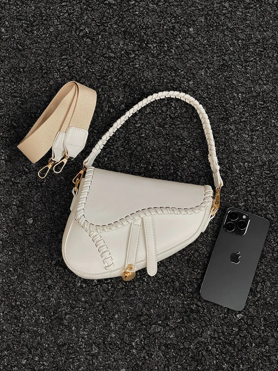 Niche hand-held white bag for women 2024 summer new fashion single shoulder crossbody bag versatile woven saddle bag