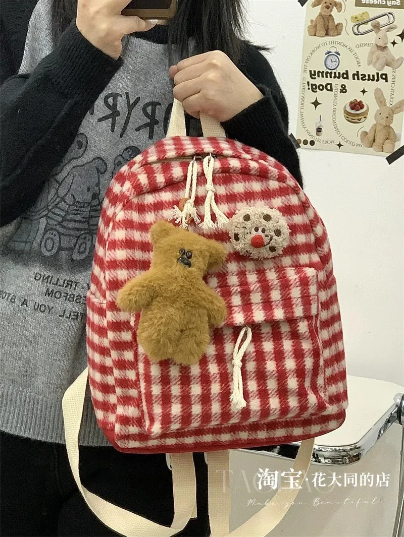 Niche red plaid small schoolbag 2024 autumn and winter Korean version student cute mini backpack versatile backpack