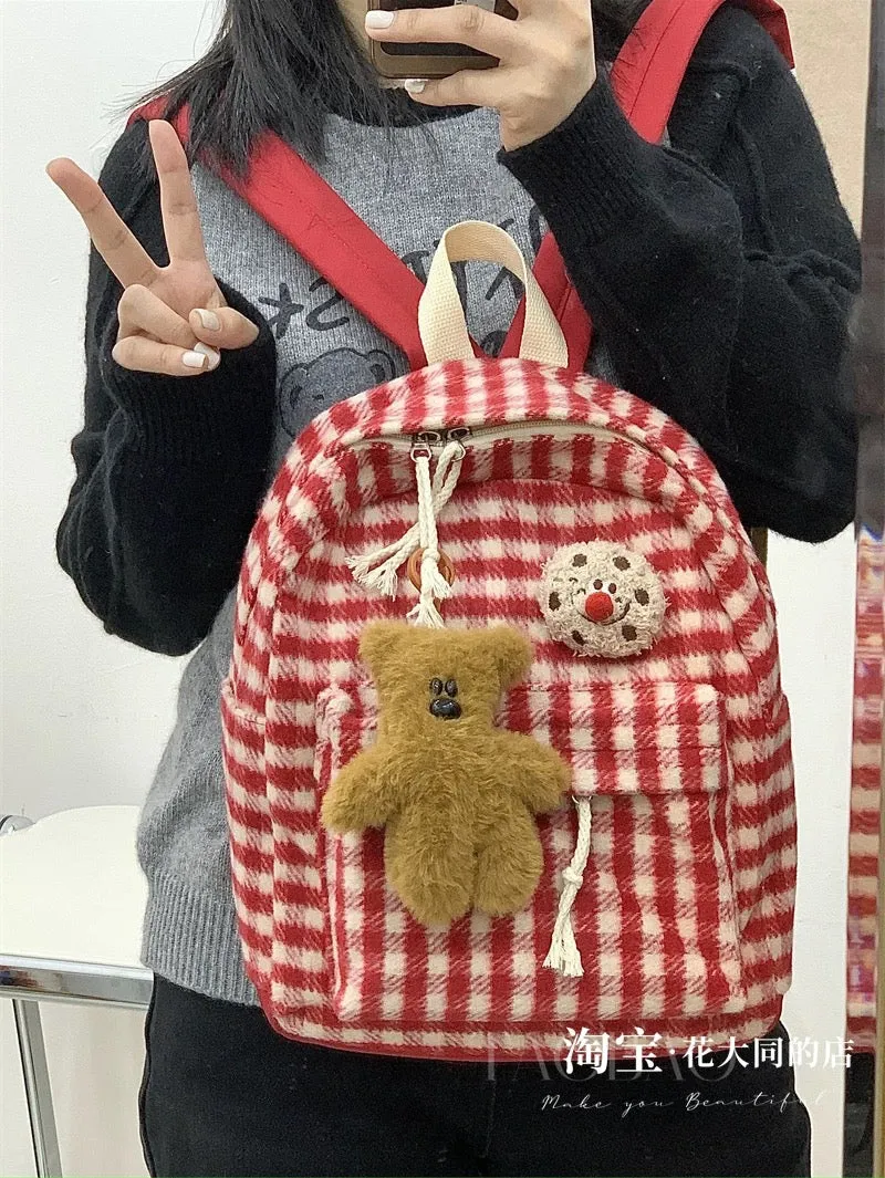 Niche red plaid small schoolbag 2024 autumn and winter Korean version student cute mini backpack versatile backpack