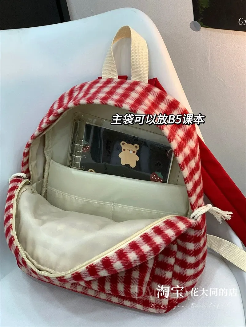 Niche red plaid small schoolbag 2024 autumn and winter Korean version student cute mini backpack versatile backpack