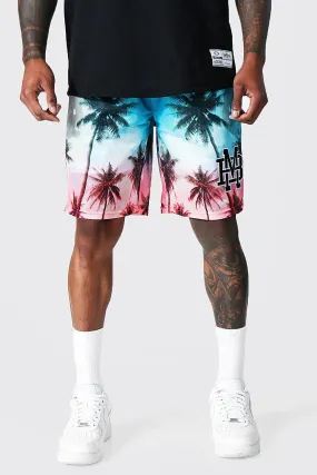 Palm Print Mesh Basketball Shorts With Badge | boohooMAN UK