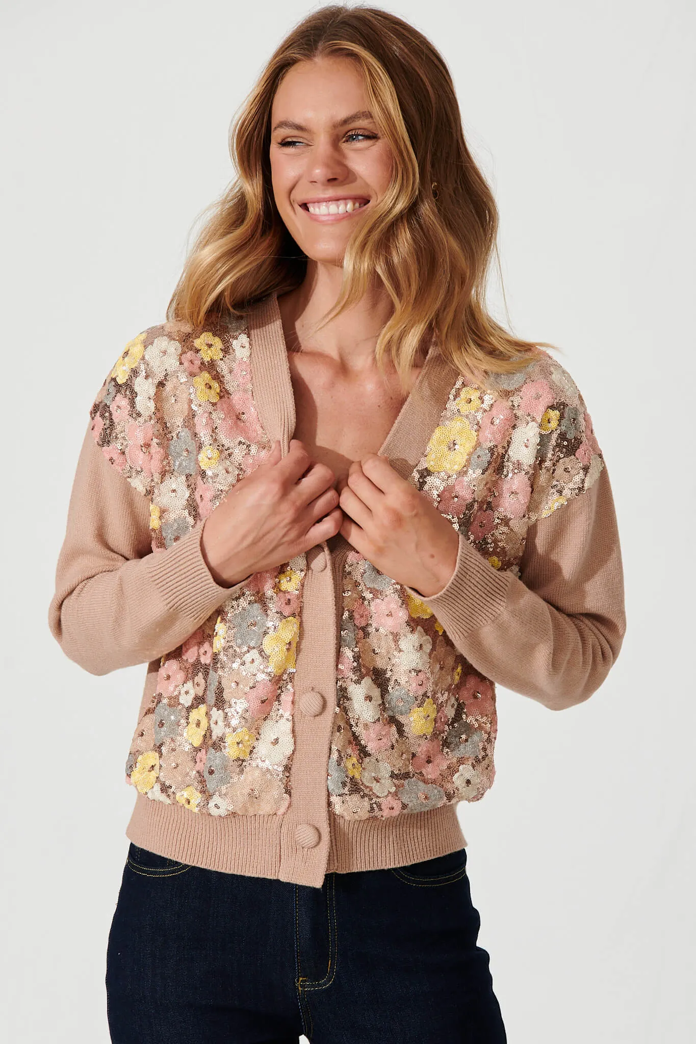 Pandia Knit Cardigan In Brown With Flower Sequin Wool Blend