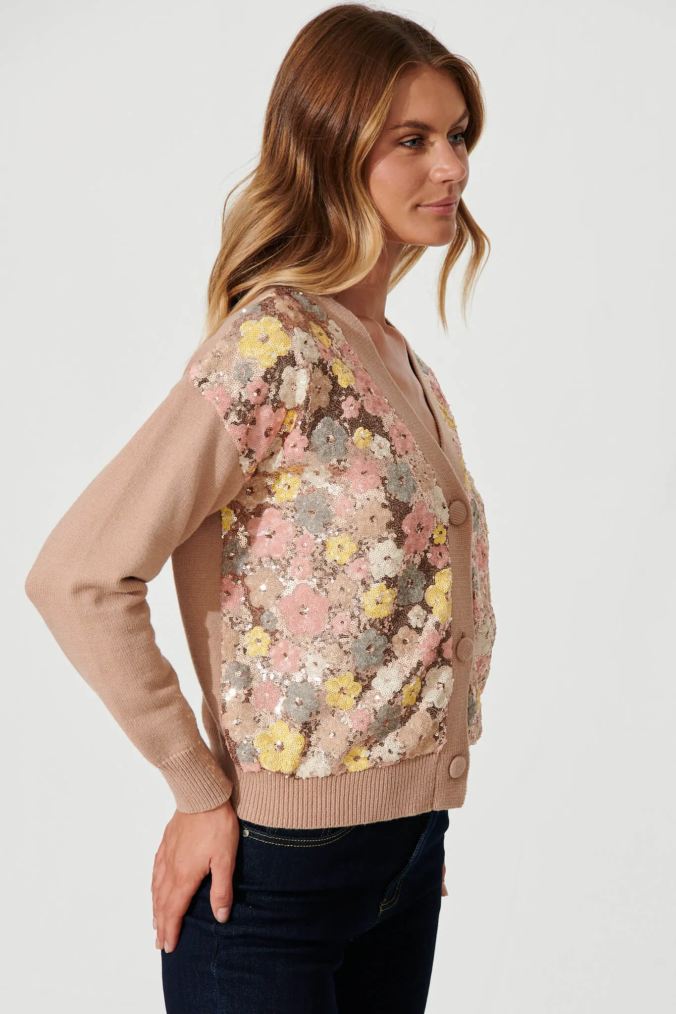 Pandia Knit Cardigan In Brown With Flower Sequin Wool Blend