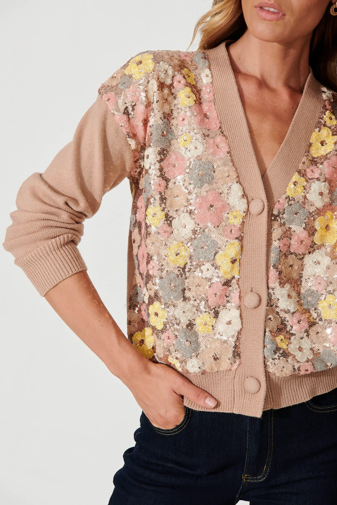 Pandia Knit Cardigan In Brown With Flower Sequin Wool Blend