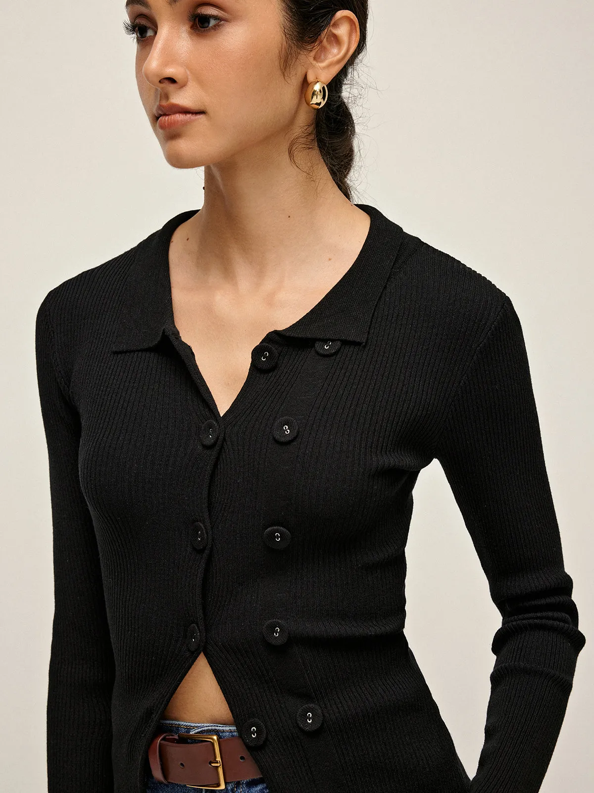 Plain Lapel Button Cardigan