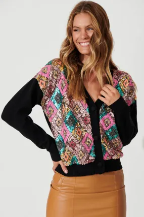 Pluto Knit Cardigan In Black Multi Sequin Wool Blend