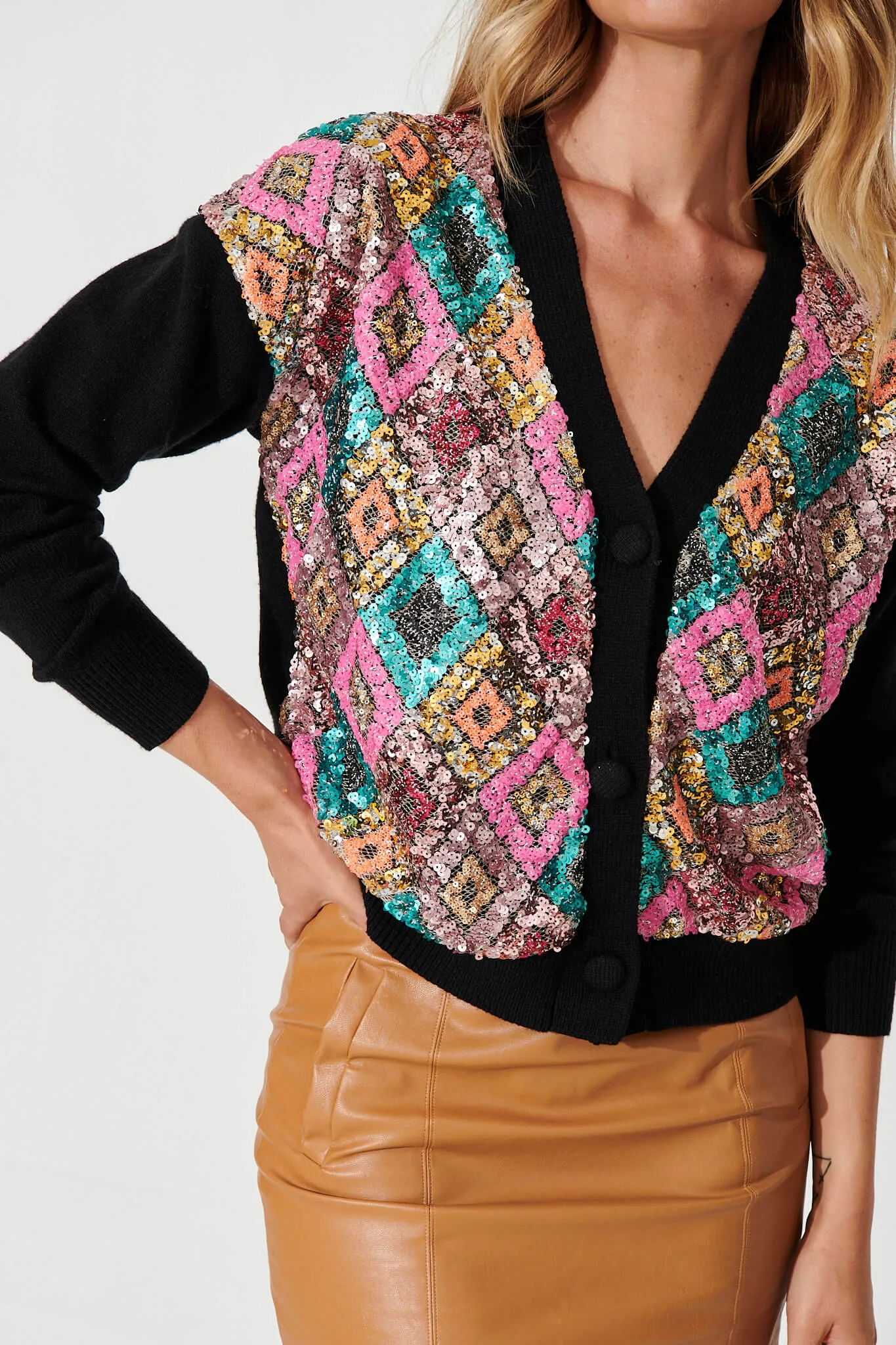 Pluto Knit Cardigan In Black Multi Sequin Wool Blend