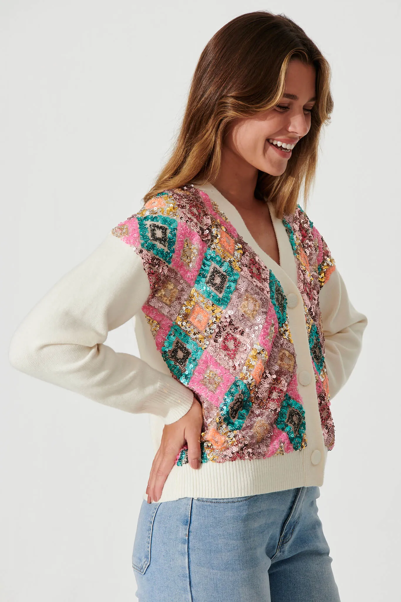 Pluto Knit Cardigan In Cream Multi Sequin Wool Blend