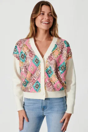 Pluto Knit Cardigan In Cream Multi Sequin Wool Blend