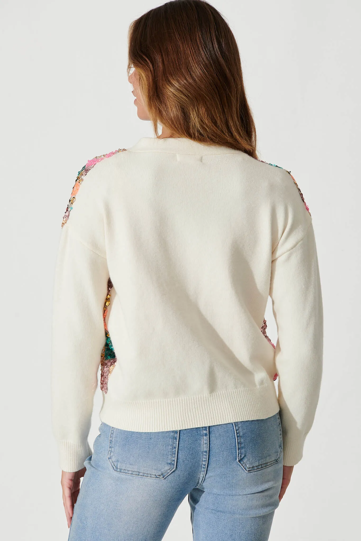 Pluto Knit Cardigan In Cream Multi Sequin Wool Blend