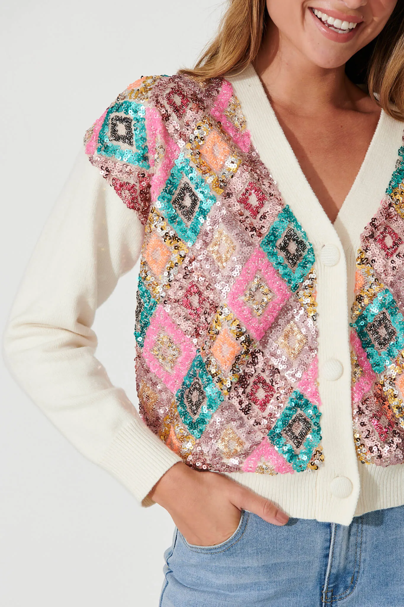 Pluto Knit Cardigan In Cream Multi Sequin Wool Blend