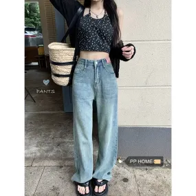 PPHOME creates a retro feel ~ small retro blue jeans high waist wide leg straight pants casual floor mopping pants