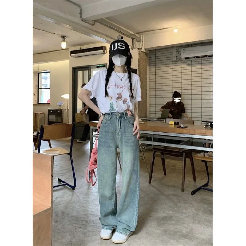 PPHOME creates a retro feel ~ small retro blue jeans high waist wide leg straight pants casual floor mopping pants