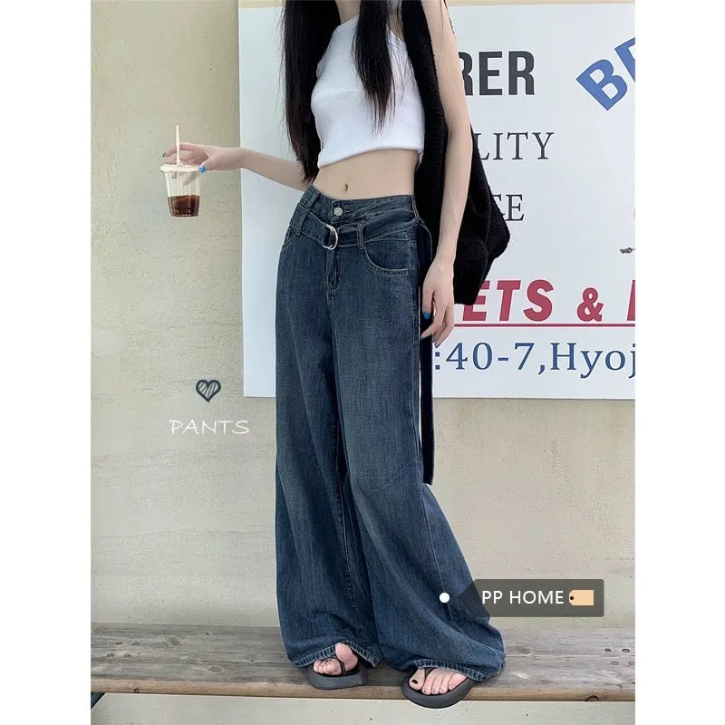 PPHOME high street jeans ~ wide-leg pants with belt design for women, retro hottie floor-length pants, tall trousers