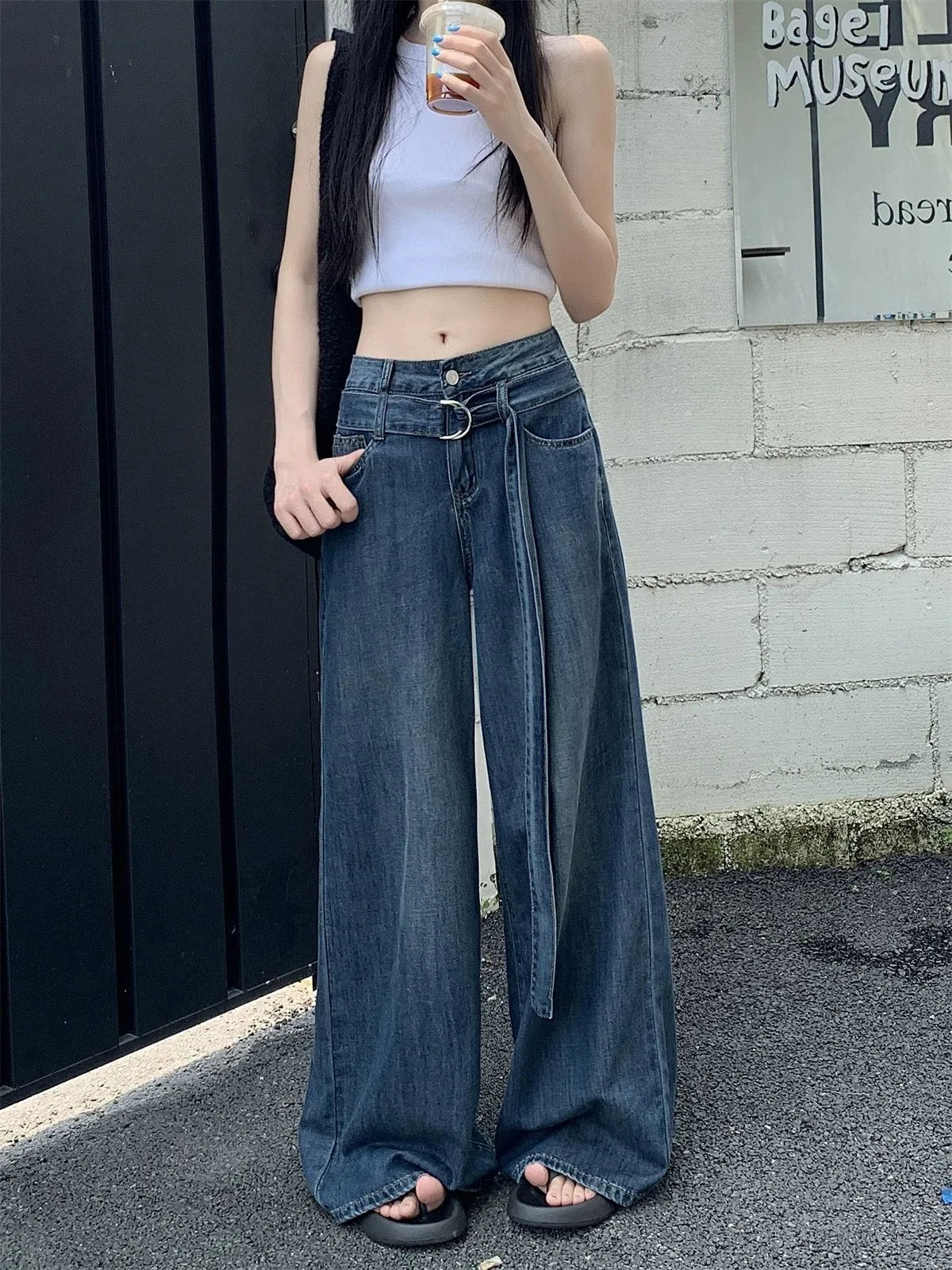 PPHOME high street jeans ~ wide-leg pants with belt design for women, retro hottie floor-length pants, tall trousers