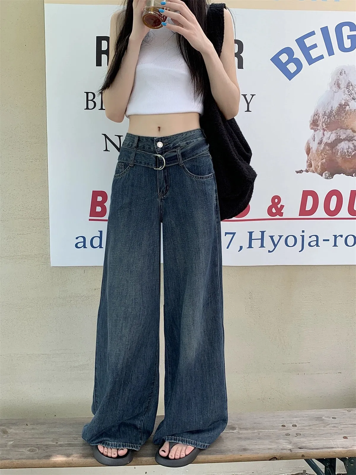 PPHOME high street jeans ~ wide-leg pants with belt design for women, retro hottie floor-length pants, tall trousers